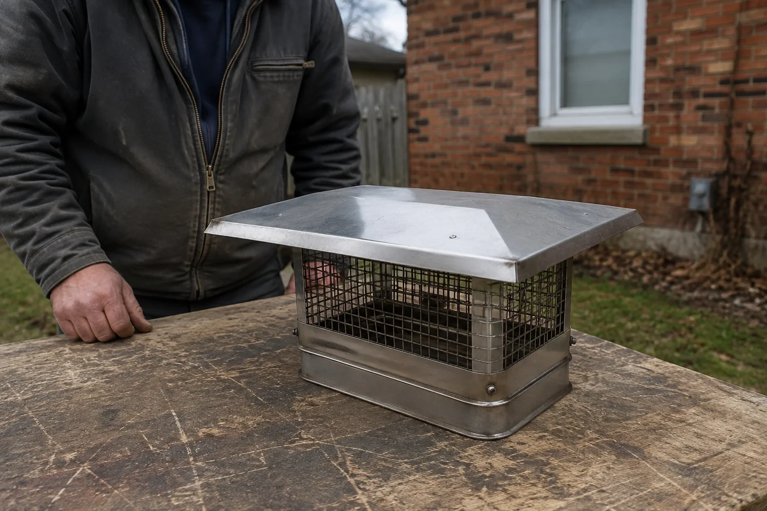 Illustration: Detached mesh chimney cap with metal rain hood on a workbench.