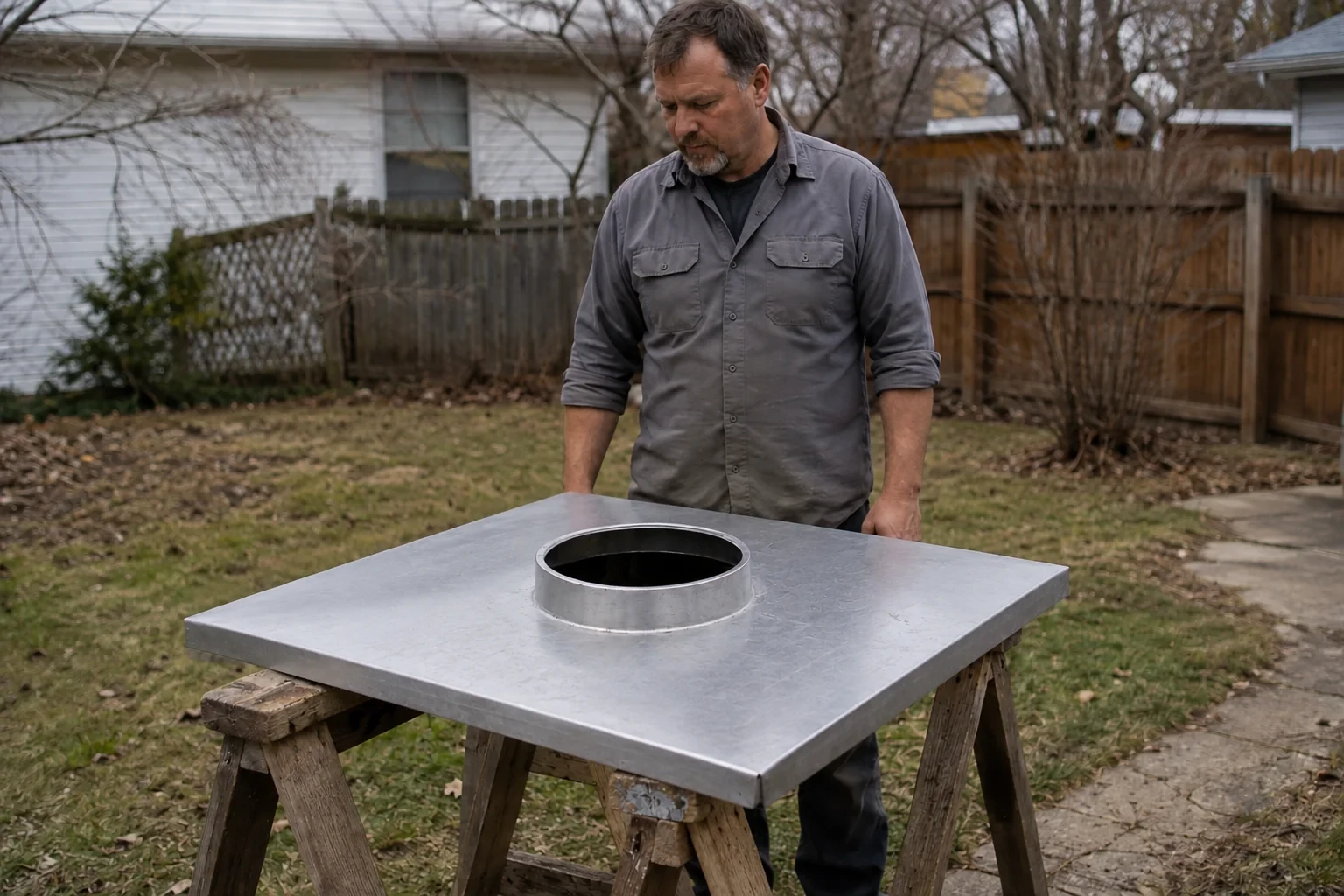 Illustration: Detached metal chase-cover plate with raised circular collar on work stands.