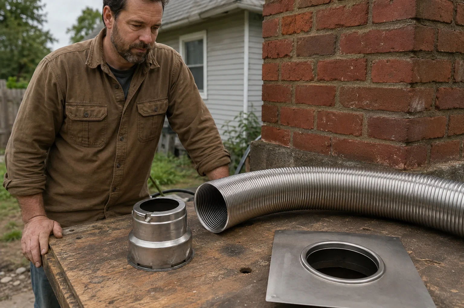 Illustration: Detached flexible metal liner, connector and top plate on an outdoor bench.