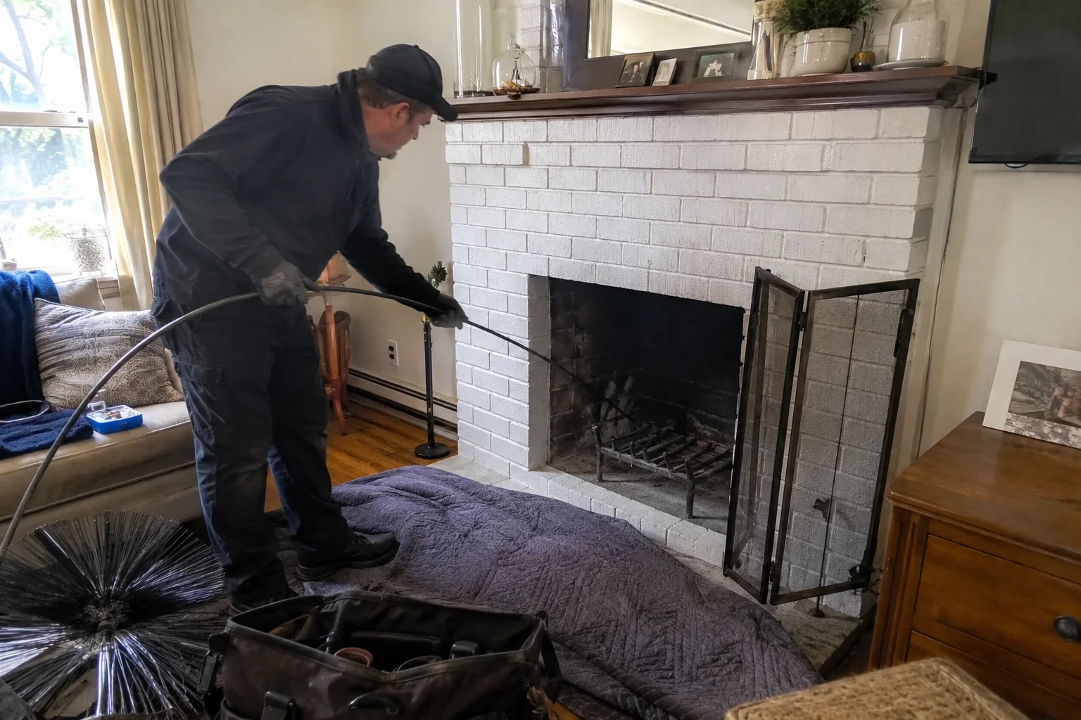Illustration: Technician holding a flexible rod at a fireplace with a detached brush nearby.