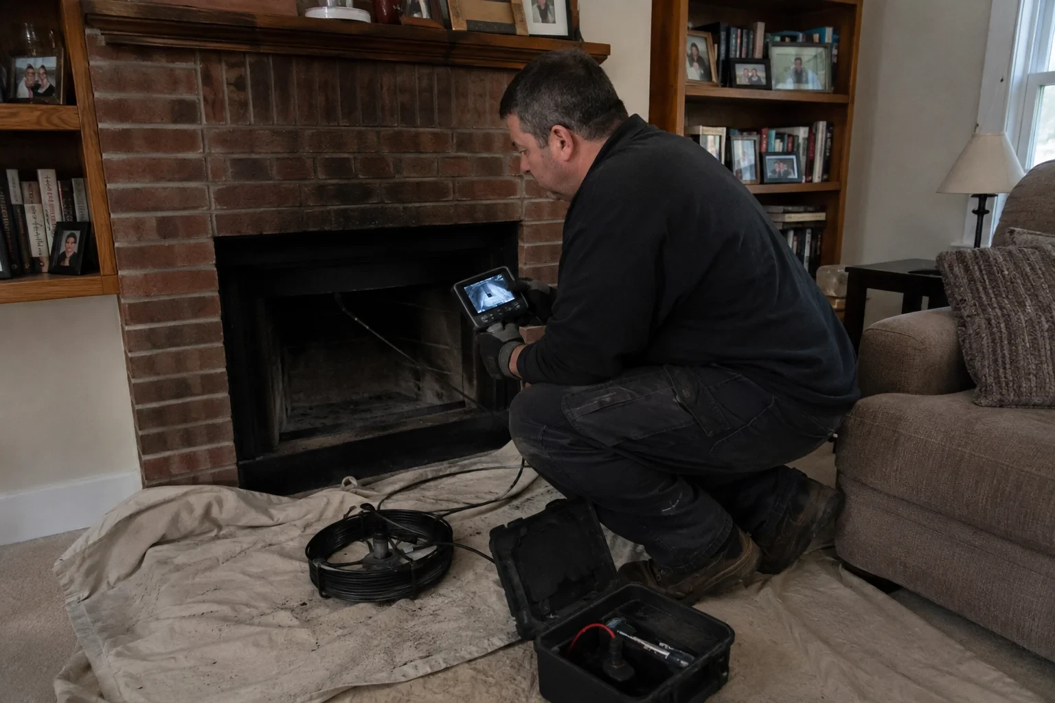 Illustration: Technician viewing a handheld monitor beside a fireplace and cable reel.