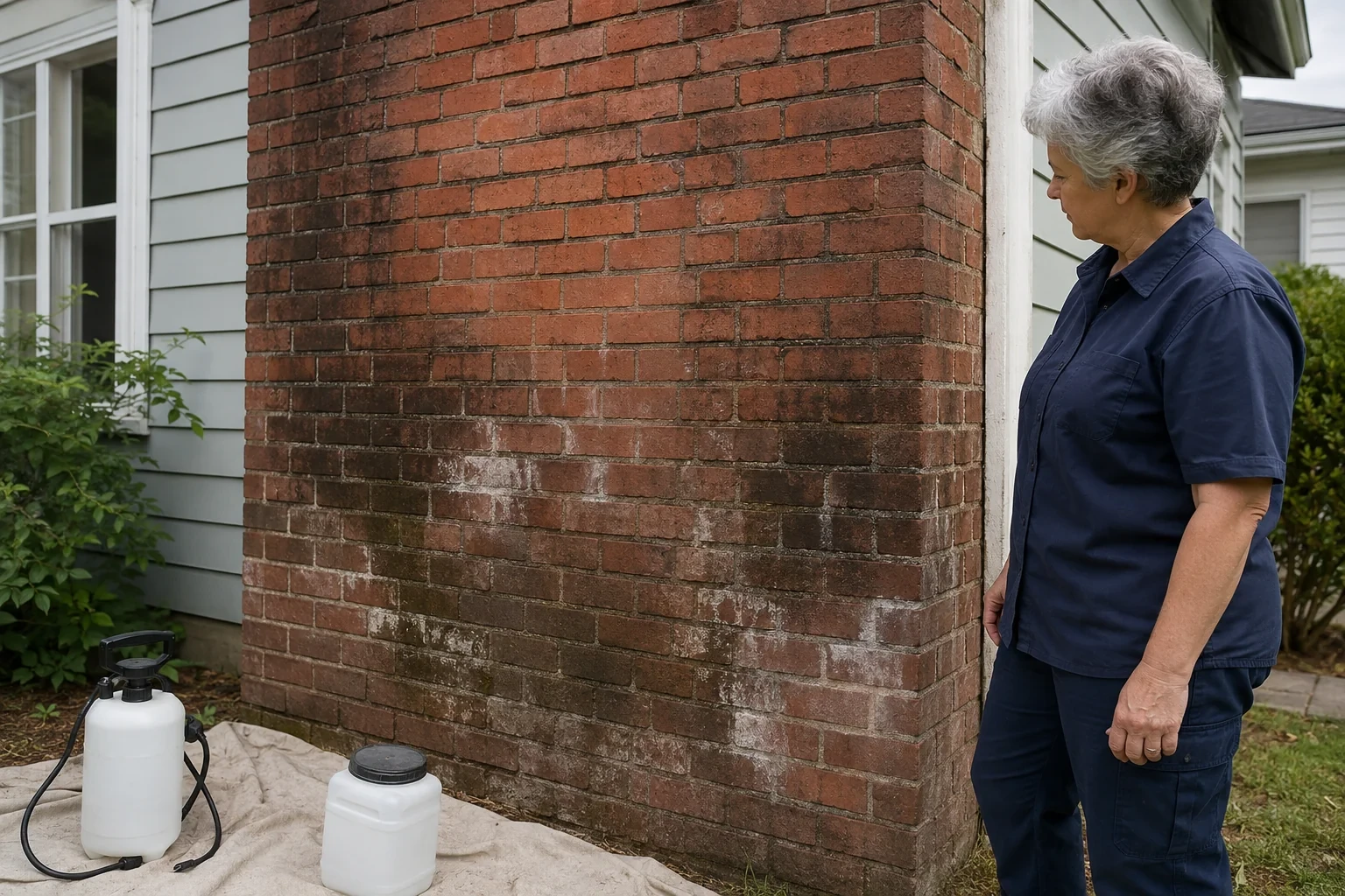 Illustration: Technician examining weathered exterior chimney bricks beside unused treatment equipment.