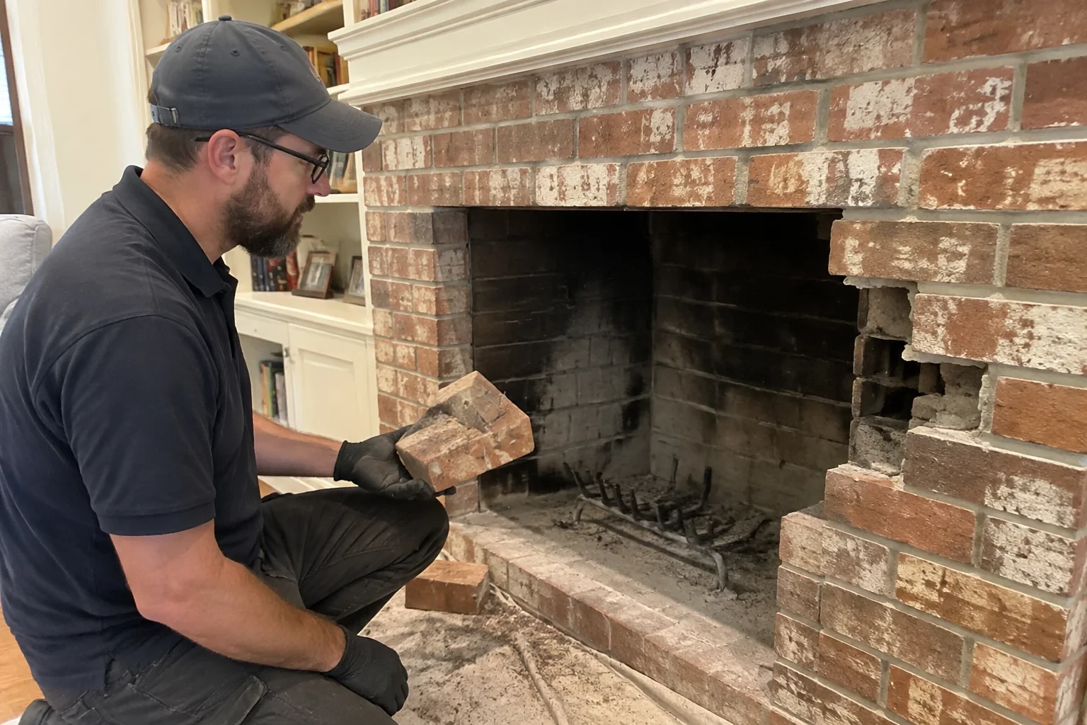 Illustration: Technician holding a loose brick beside missing masonry at a fireplace surround.