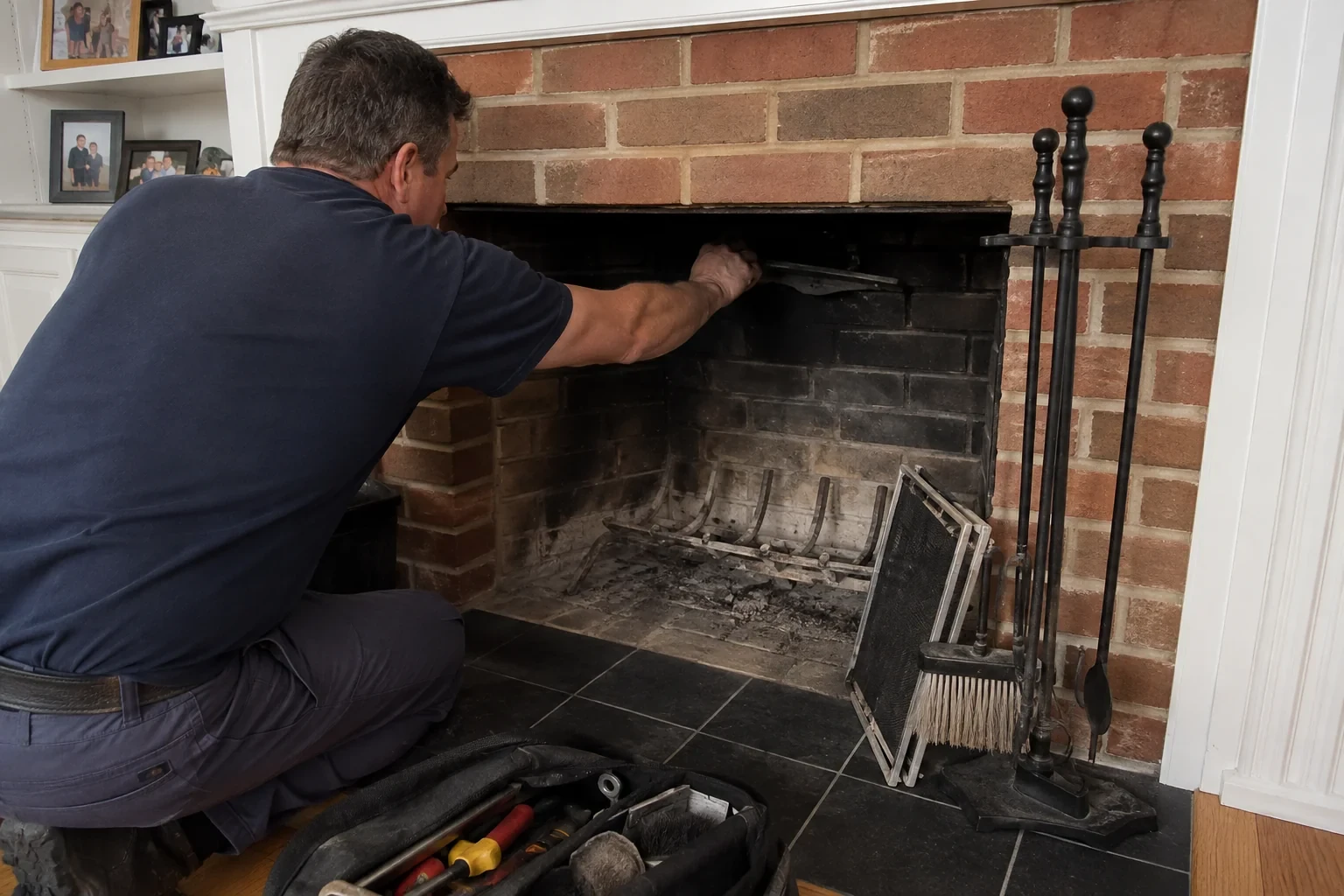 Illustration: Technician reaching toward metal damper hardware above a cold firebox.