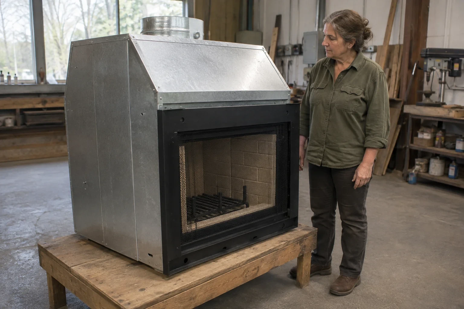 Illustration: Detached metal fireplace enclosure with lined interior and top collar in a workshop.