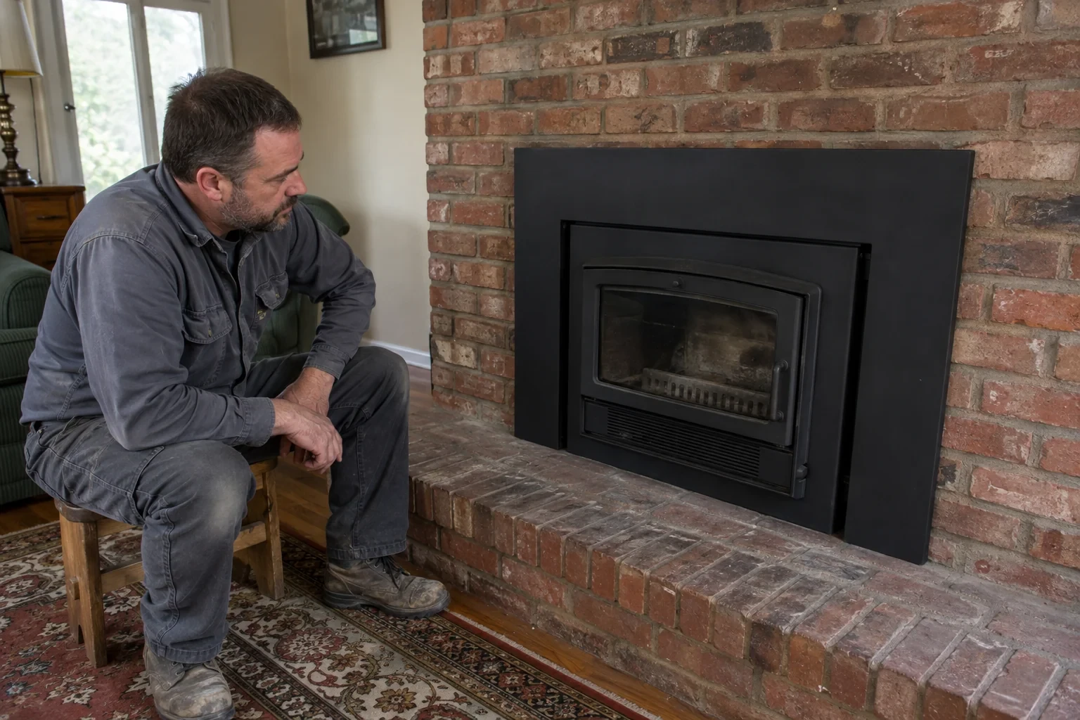 Illustration: Black enclosed fireplace insert recessed into an existing brick surround.