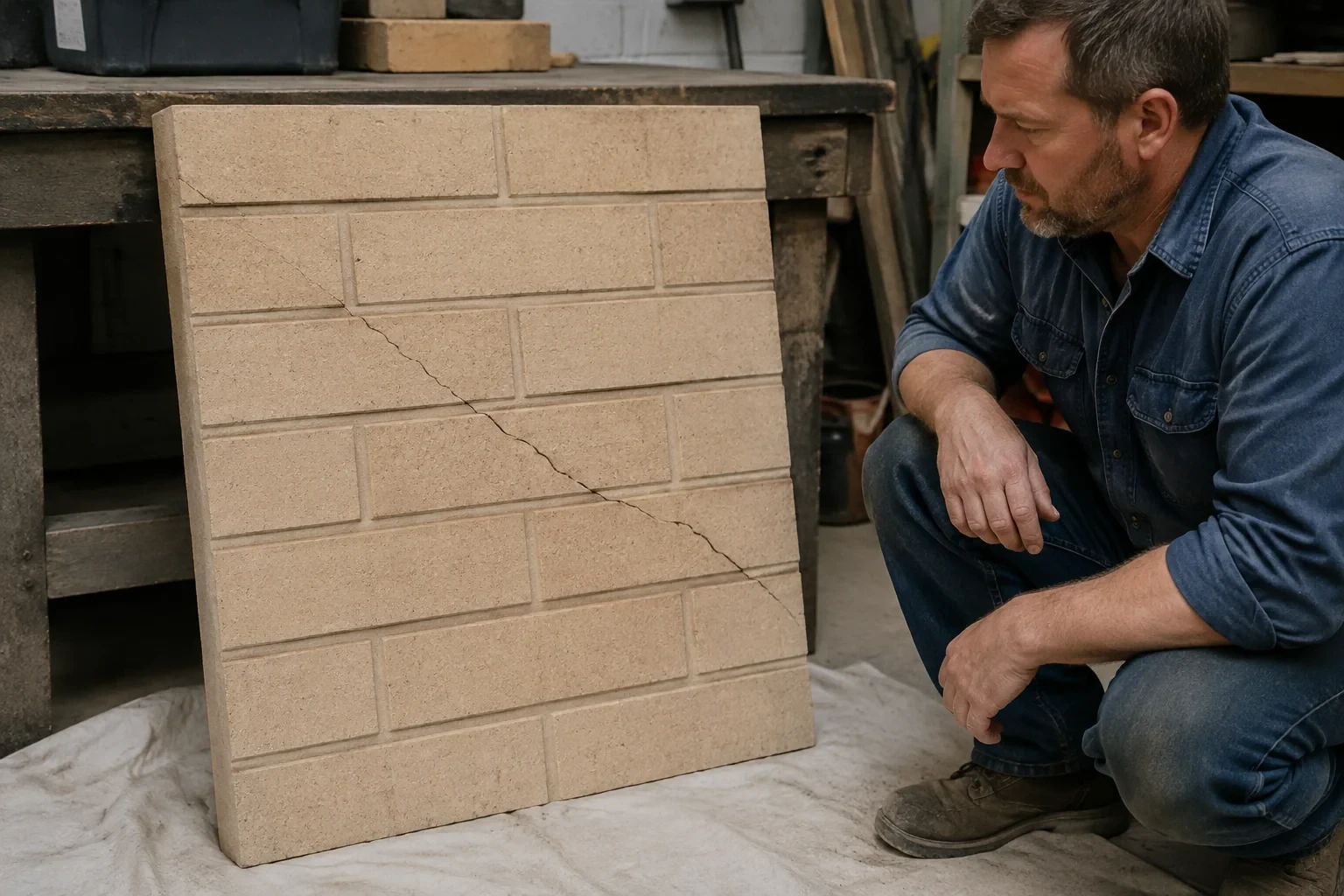 Illustration: Detached molded refractory-style panel with a diagonal crack and visible slab edge.
