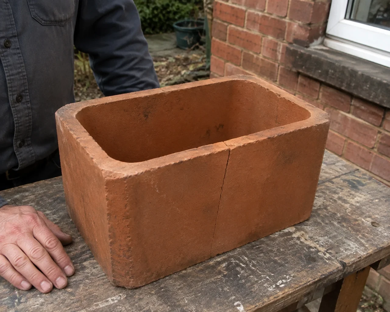Illustration: Cracked rectangular terracotta flue section on a workbench.