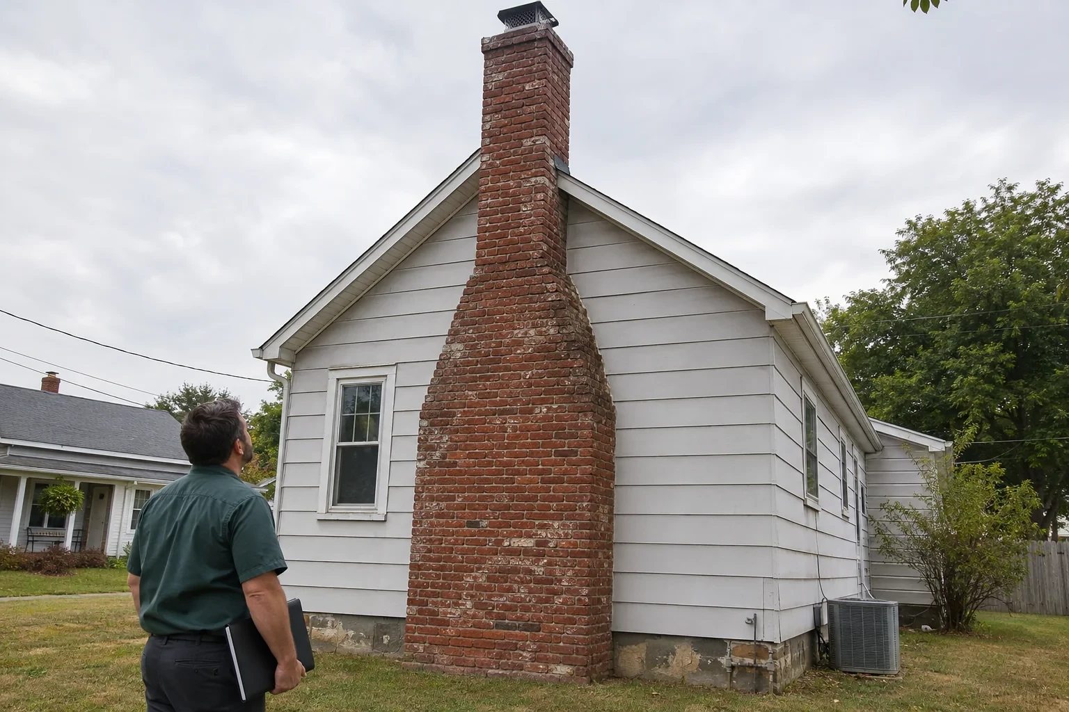 Illustration: Whole exterior brick chimney from base to cap beside a single-story house.