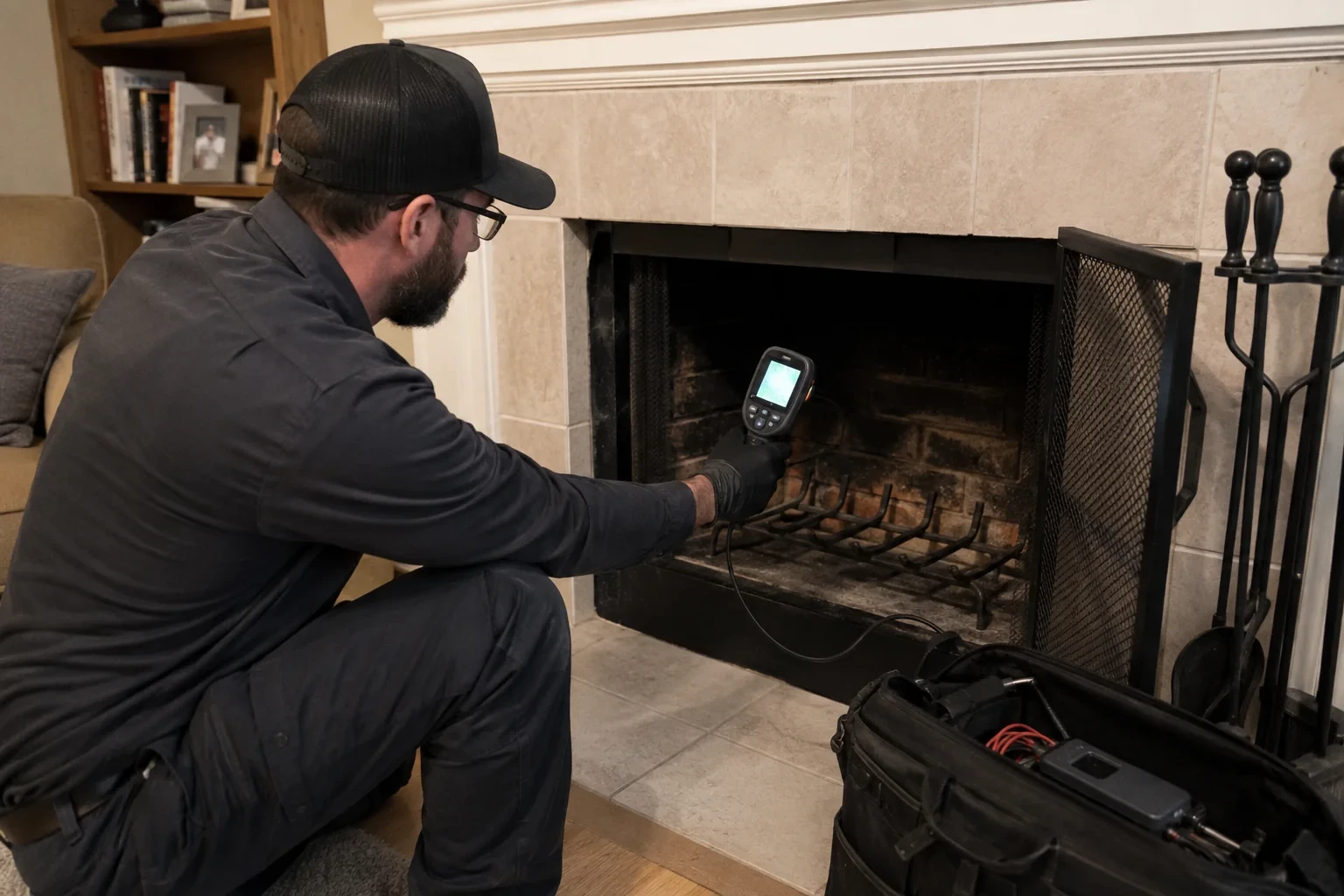 Illustration: Technician holding a screen-equipped inspection instrument at a cold fireplace.