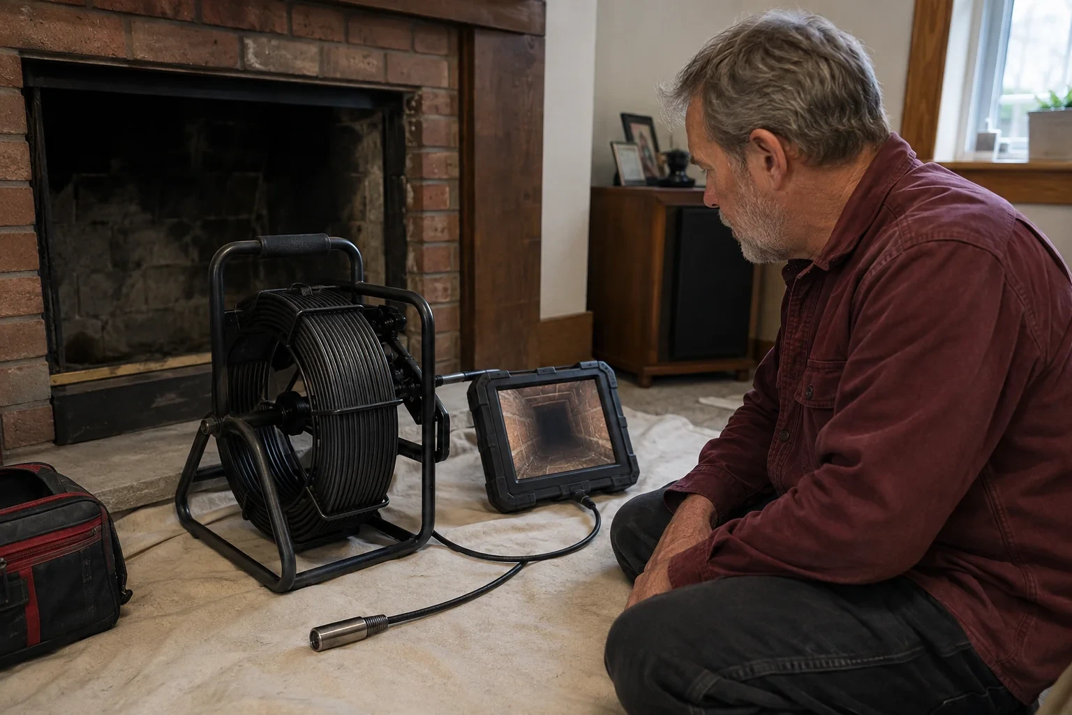 Illustration: Inspection camera reel, camera head and monitor beside a cold fireplace.