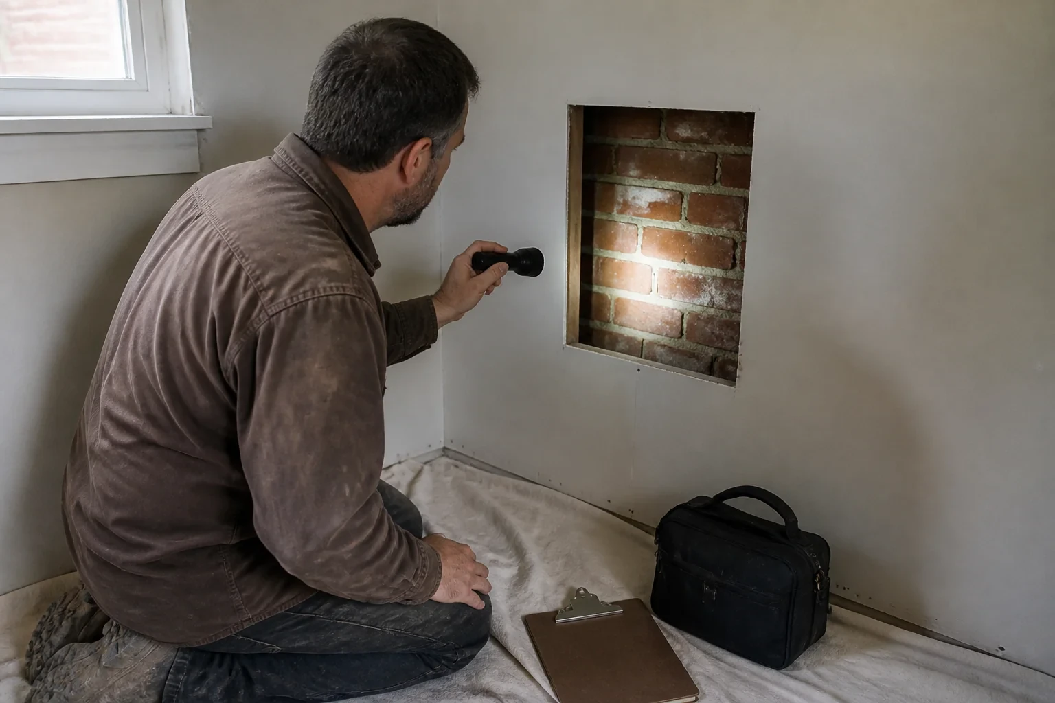 Illustration: Technician using a flashlight to inspect brickwork through a drywall access opening.