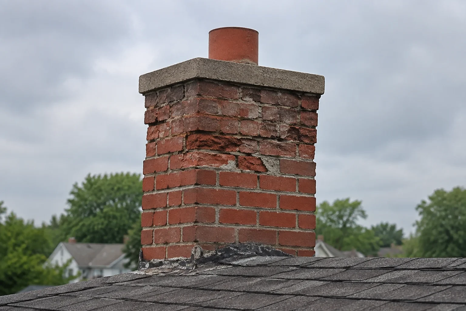 Illustration: Weathered upper chimney with chipped brick faces above a shingle roof.