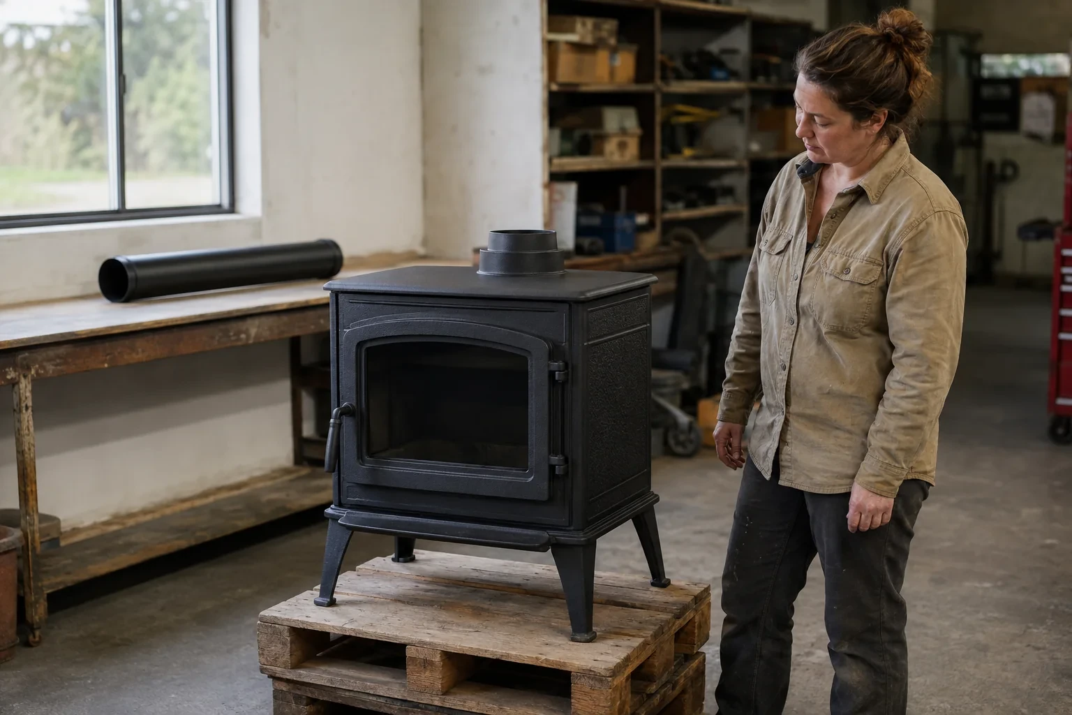 Illustration: Detached freestanding wood stove on a pallet with separate connector pipe nearby.